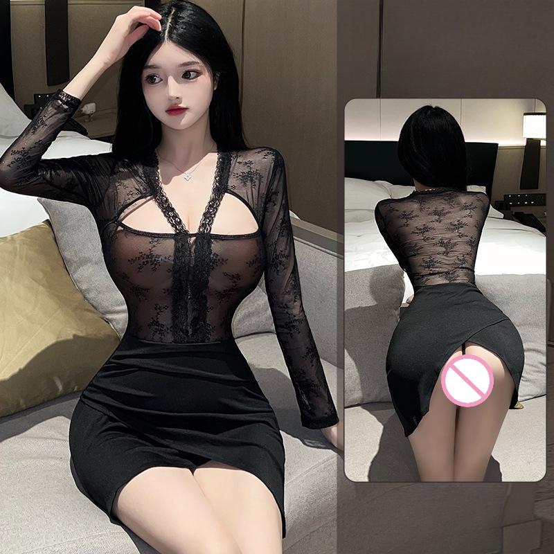 Womens Sexy Bodycon Dresses Lace Lingerie Secretary Uniform Night Club Fantasy Erotic Wear Temptation Bathrobe Nightgowns Dress