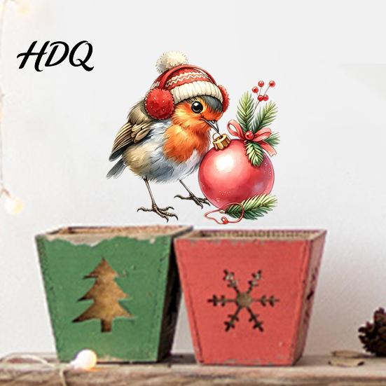 Decorative Bird Wall Art Christmas Sticker Cute Watercolor Decals with Wreath/Scarf/Hat/Ear Warmer PVC Waterproof Murals for Living Room Window