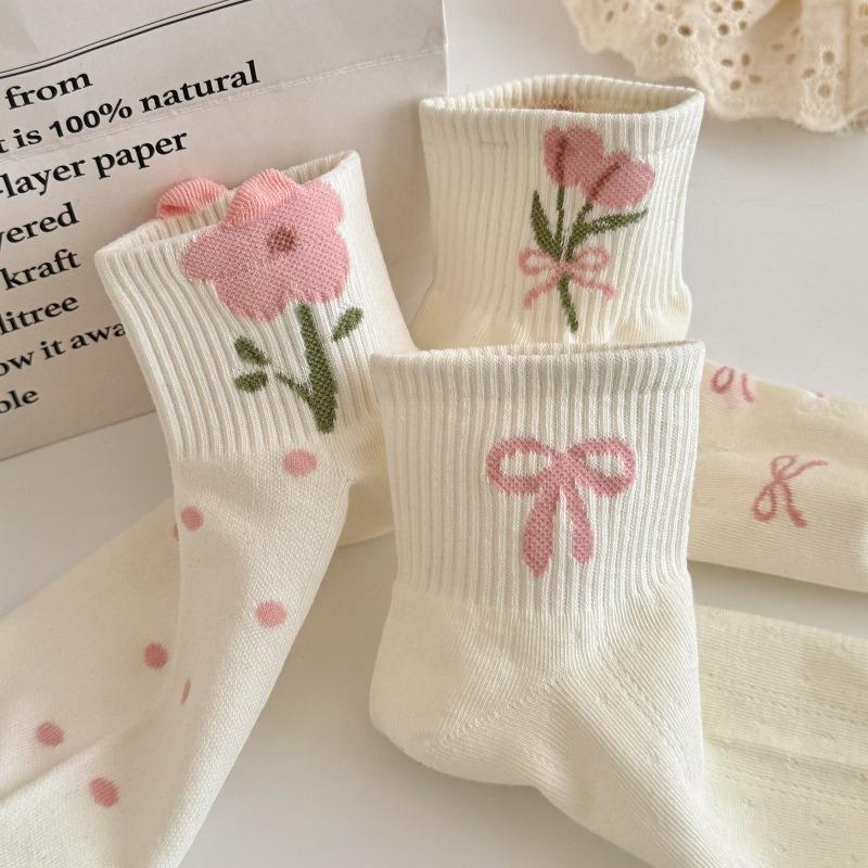 Women's Summer Lightweight Short Socks with Bows All Over, Featuring Flowers, Cute and Versatile, with Mesh Ventilation and Cotton Material.