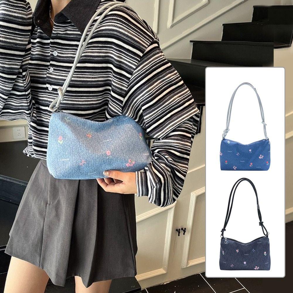 Korean Bow Underarm Bag Blue Women's Handbag Trendy Denim Shoulder Bag Female