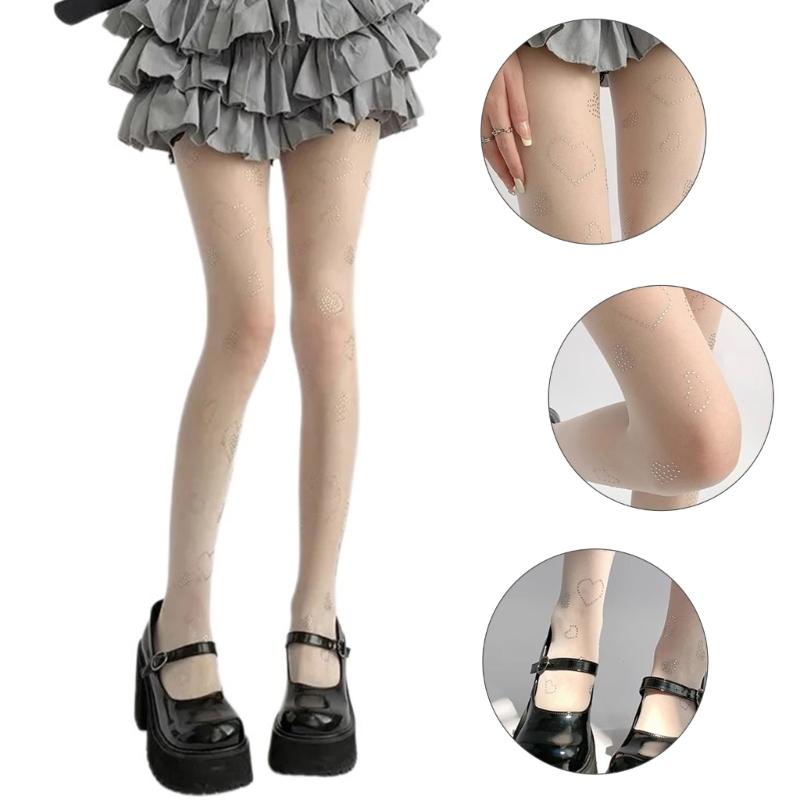 Women Sweet Ultra-Thin Sheer Pantyhose Stockings Japanese Style Glittering Rhinestones Heart See-Through Tights Leggings