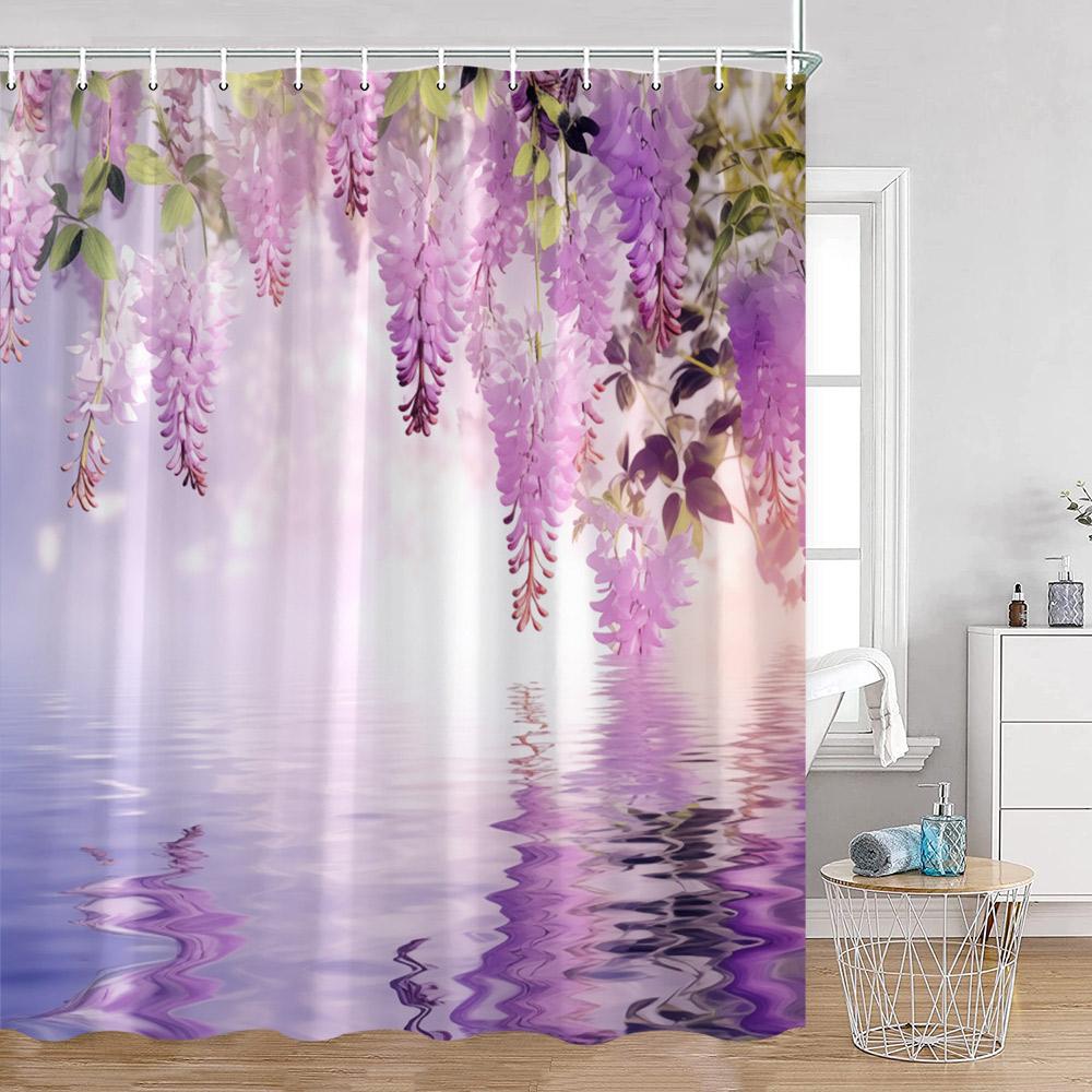 Purple Flowers Shower Curtains Wisteria Lavender Butterfly Birds Pirple Floral Bathroom Decorations Modern Elegant Bath Curtain