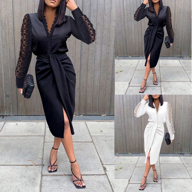 

2024V Collar Lace Long Sleeve Dress Sheath and Fitted Waist Dress Black XXL