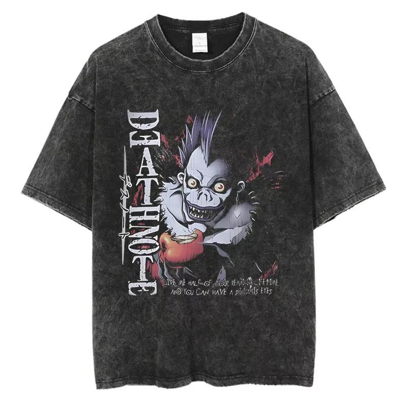 Fashion Streetwear Unisex Top Tee Harajuku Vintage Washed T Shirts Death Note Anime Graphic Printing Shirt Oversize Cotton
