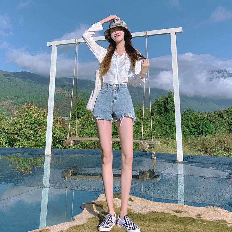 Broken Hole Denim Small Shorts Women'S High Waist Loose Thin Shorts A-Line Wide Leg Pants New Hot Pants