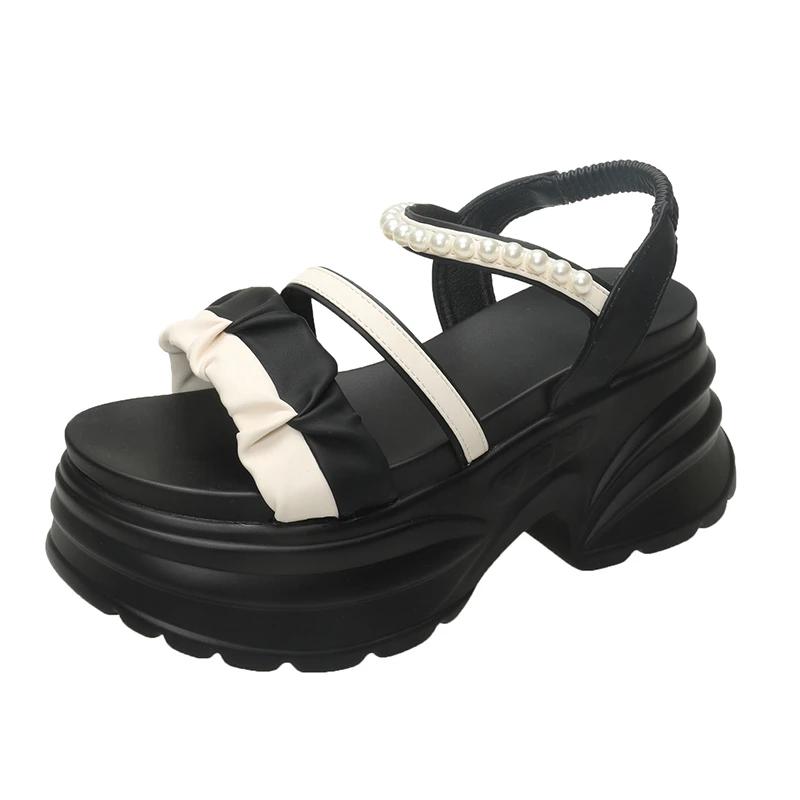 

Модные 8 см Летние Повседневные Сандалии на Высокой Платформе Женские Сандалии с Ремешком и Пряжкой Шлепанцы на Толстой Подошве Жемчужные Сандалии Женские Массивные Повседневные Туфли Мухер 34 чёрный