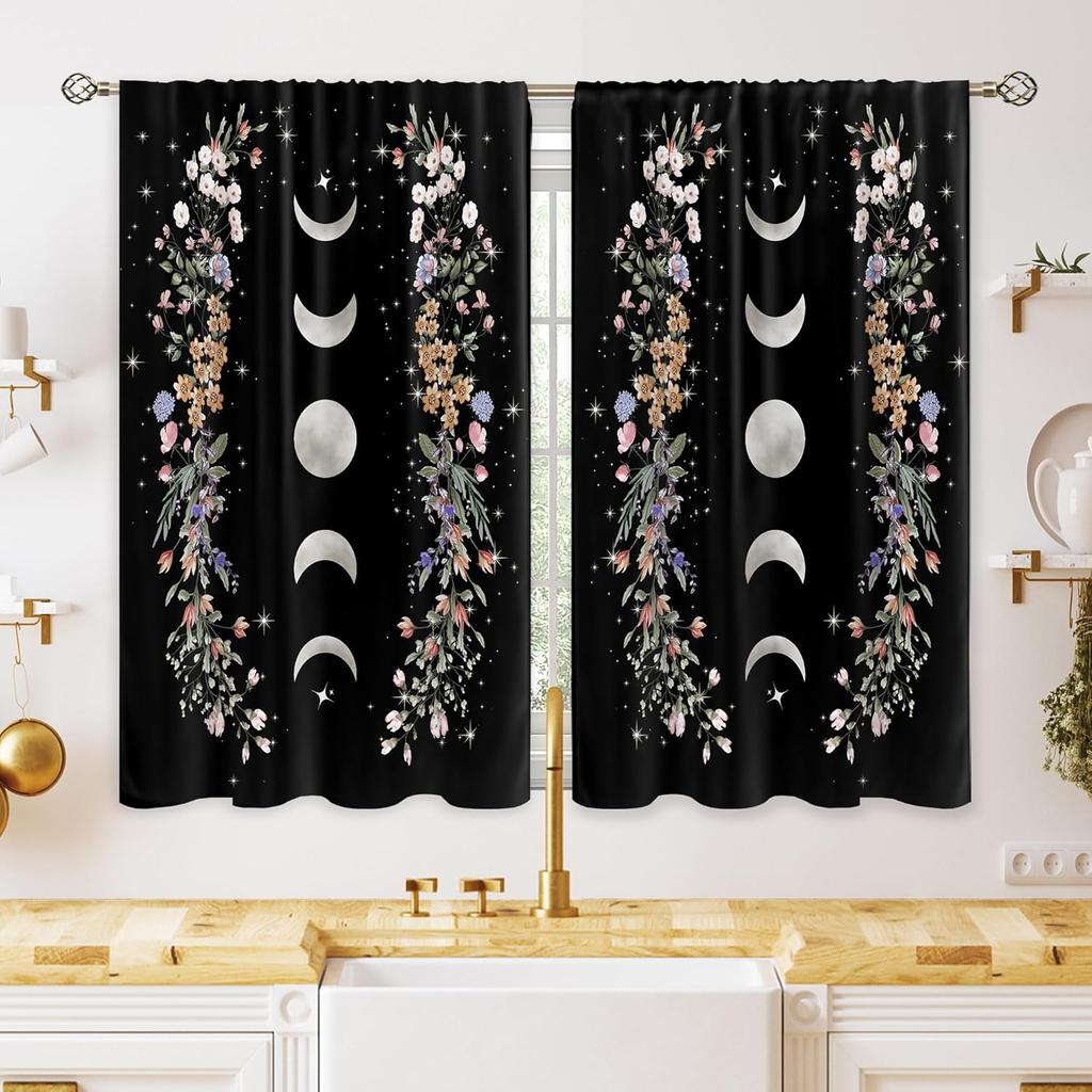 Green Boho Flower Small Kitchen Curtains Flower Plant Window Treatment Botanical Herb Chic Rod Pocket Cafe Short Window Curtains