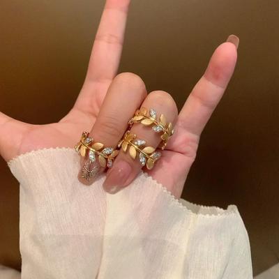 Vintage Open Ring Gold Plated Leaf Design with Rhinestones Elegant Stackable Rings for Women
