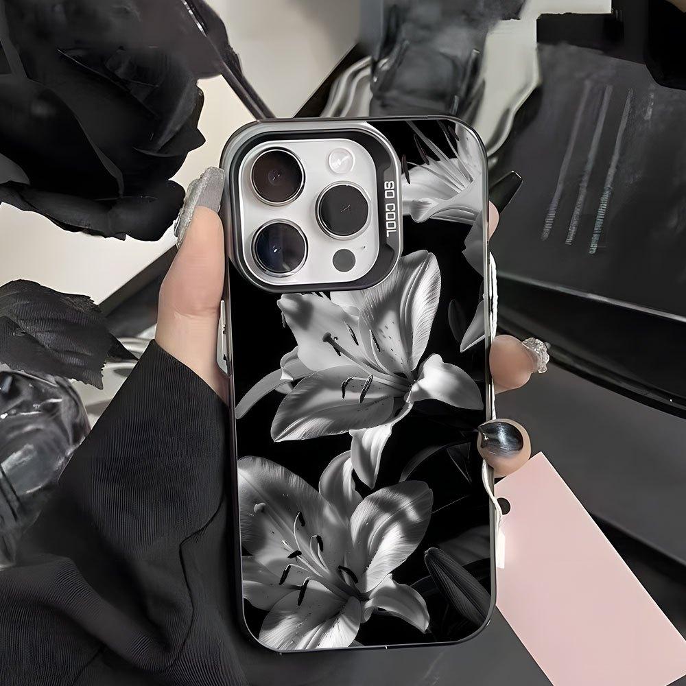 Black and White Lily Flower Pattern Phone Case Suitable for iPhone 17 16 15 14 13 12 11 Pro/Max/Plus Anti Drop and Shockproof