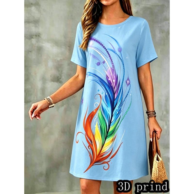 Plus Size, Women's Short Sleeve T-Shirt Dress - Abstract Geometric American Digital Print Dress | Round Neck Casual