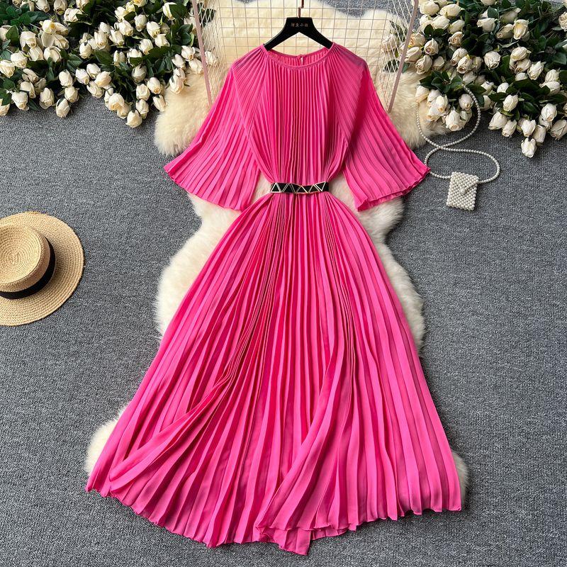 Summer Dress New Arrival Fashion Special Interest Light Luxury Elegant Retro Pleated Dress Waist-Tight Slim Looking Elegant Flare Sleeve Dress