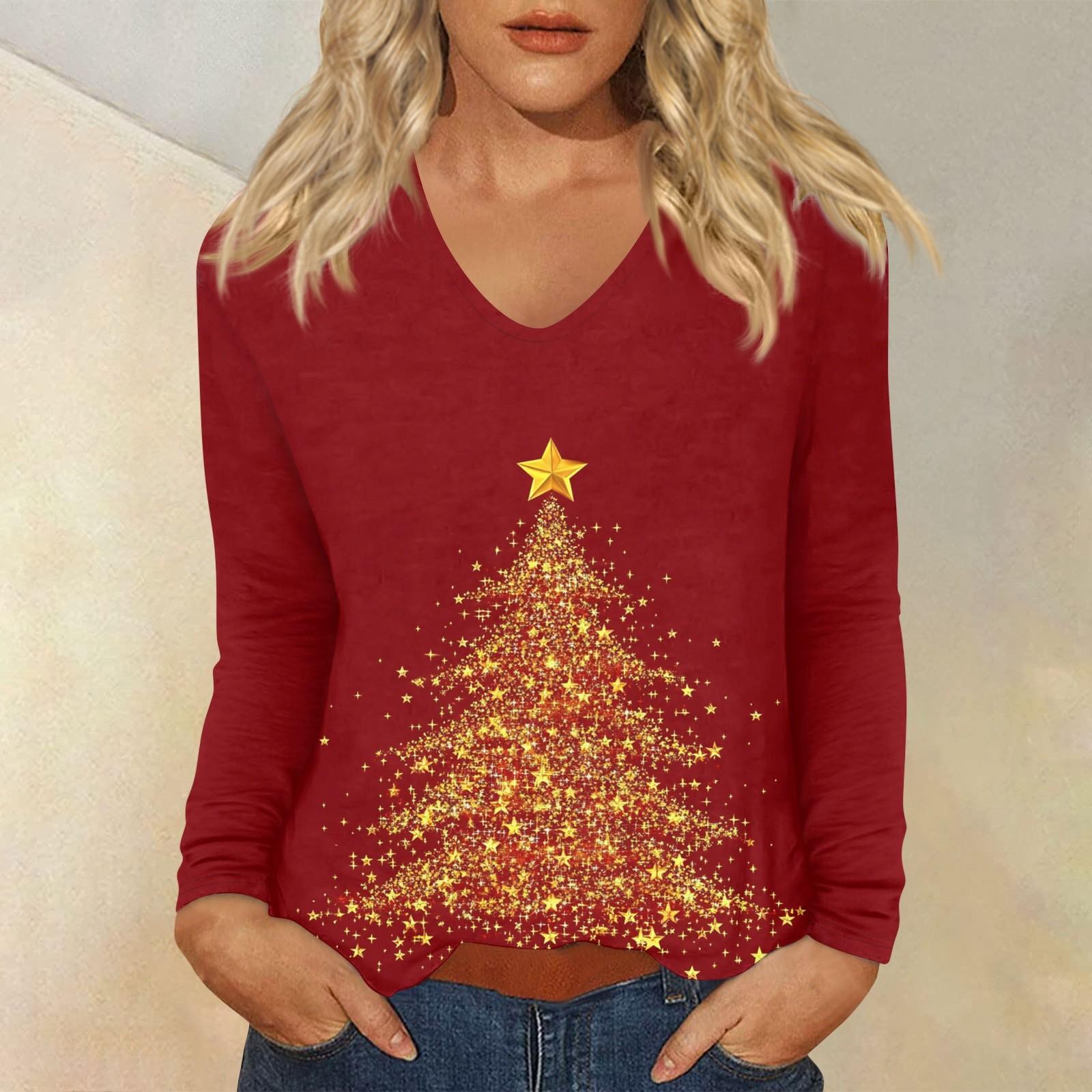

Женский повседневный повседневный топ с длинными рукавами и рождественским принтом и V-образным вырезом S