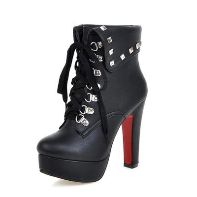 Winter Style Thick High Heels Rivets Lace Up Ankle Boots Platform Women Boots Fall Shoes  Women's Chelsea Ankle High Heels