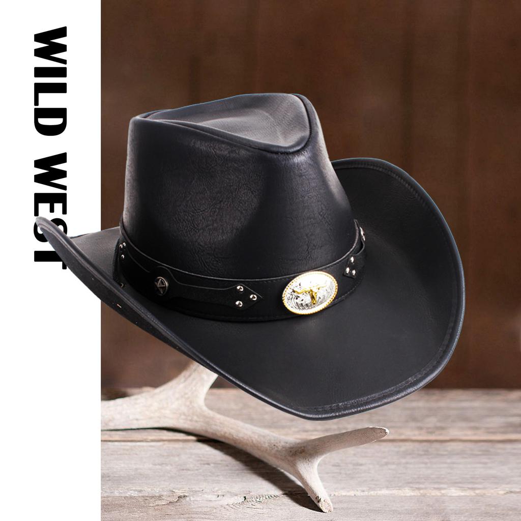 New 100% Leather Men Women Western Cowboy Hat Wide Brim Godfather Hats Gentleman Church Sombrero Hombre Jazz Cap