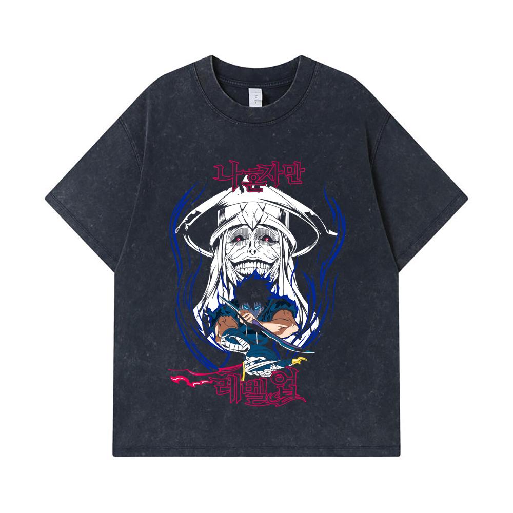 275 GSM Washed T-shirts 100% Cotton Solo Leveling V9 Print Unisex Heavy Cotton T Shirt