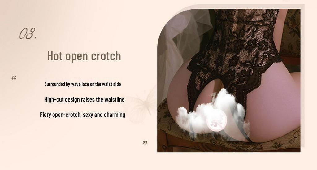 Man Yan Sensual Lace Crotchless Bodysuit with Bowknot - Women's Sexy See-through Cutout Lingerie
