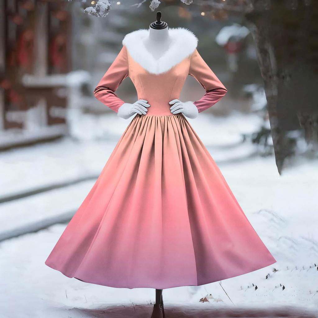 Women's Casual Dress Long-Sleeve V-Neck Patchwork Fleece Christmas Print Dress