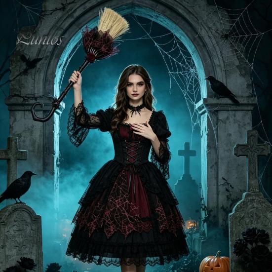 Party Atmosphere Decoration Halloween Witch Broom, Black Tulle Cosplay Costume, Gothic Spooky Home Decor Rose Skeleton Hand Broomstick for Party,