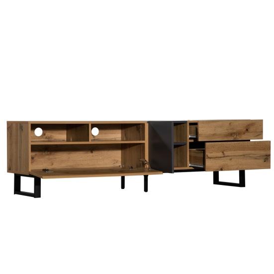 Television Stand Color Blocking TV Cabinet with Drawers Open Shelves Solid Console Wooden Legs Living Room Furniture Table