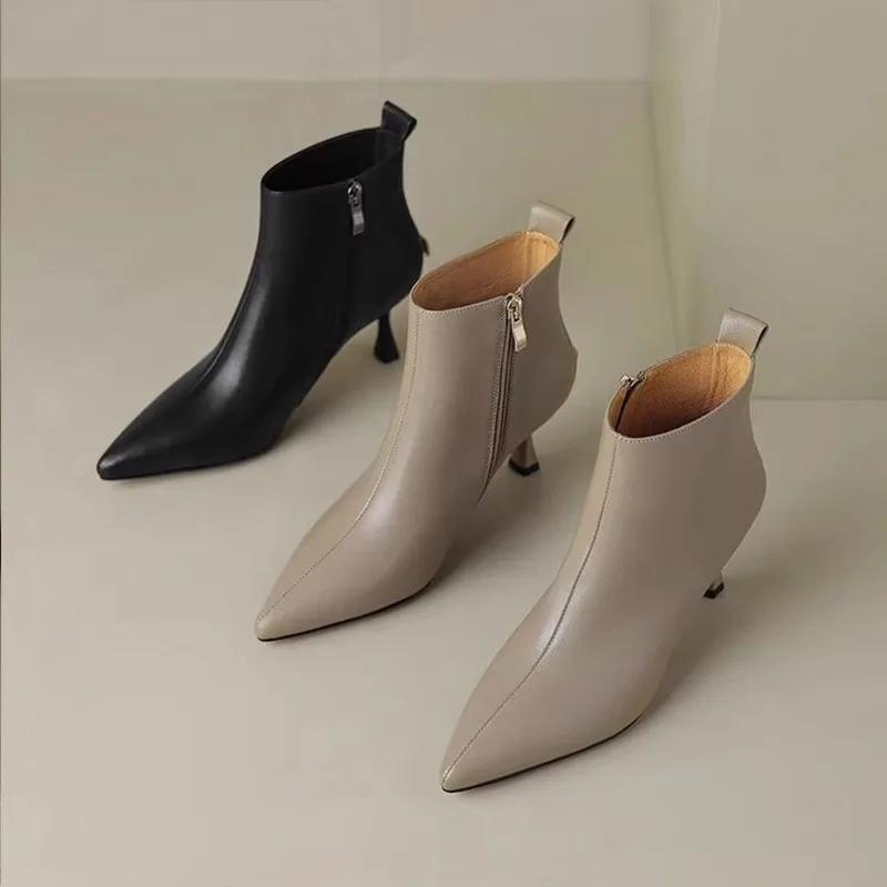 Elegant Modern Boots Women 2024 Winter Hot Sale Ankle Women's Boots Fashion Sewing Pointed Toe Thin Heels Side Zip Shoes Women