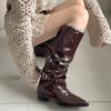 Brown Maillard pointed thick heel boots women's 2025 new autumn versatile skirt stacking knight boots