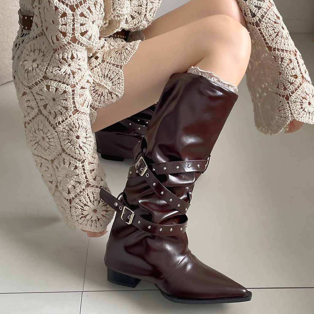 Brown Maillard pointed thick heel boots women's 2025 new autumn versatile skirt stacking knight boots
