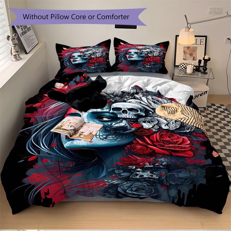 3pcs Day of the Dead Quilt Cover Set - Soft & Comfortable Polyester Fabric, All-Season Breathable Comforter Set For 1 Quilt Cover & 2 Pillowcases