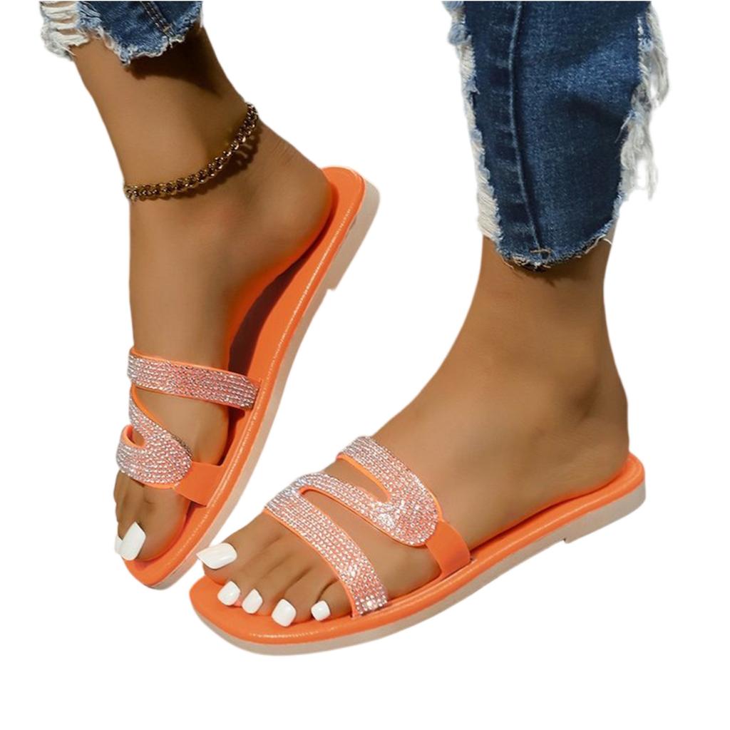 Women's Summer Fashion Rhinestone Slip On Flat Sandals Soft Sole Non Slip Indoor Outdoor Casual Slippers Comfortable Footwear