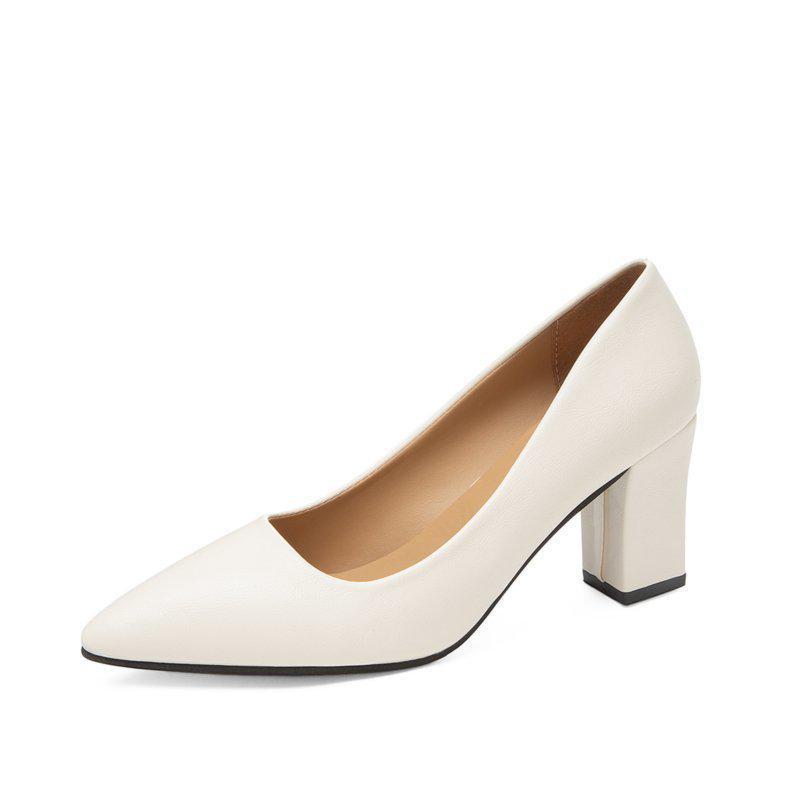 Women s Spring 2026 Fashion Thick Heeled Pointed Toe Pumps - Korean Style Simple Slip-On High Heels. 35 белый