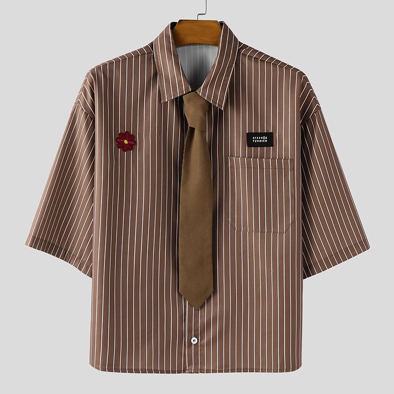 

INCERUN Men Summer Tie Up Half Sleeve Striped Loose Casual Shirts Tops 5XL коричневый