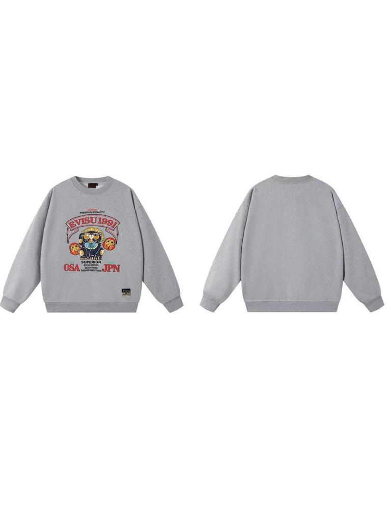 Fukujin EVISU2025 Unisex Round Neck Hoodie - Trendy Cotton Streetwear Pullover with Print