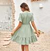 Women Spring Solid Color V-Neck Short Lotus Leaf Sleeve Dress Summer Casual A-Line High Waist Above Knee Dresses
