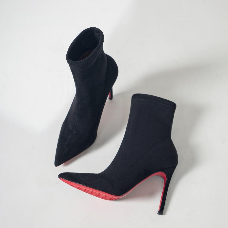Red-soled elastic boots high heels pointed