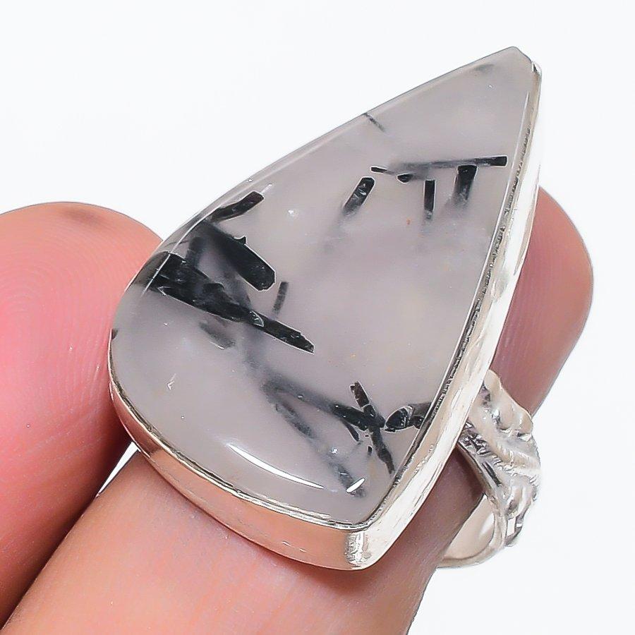 Natural Black Rutile Gemstone 925 Sterling Silver Jewelry Ring Size 8 J0t46