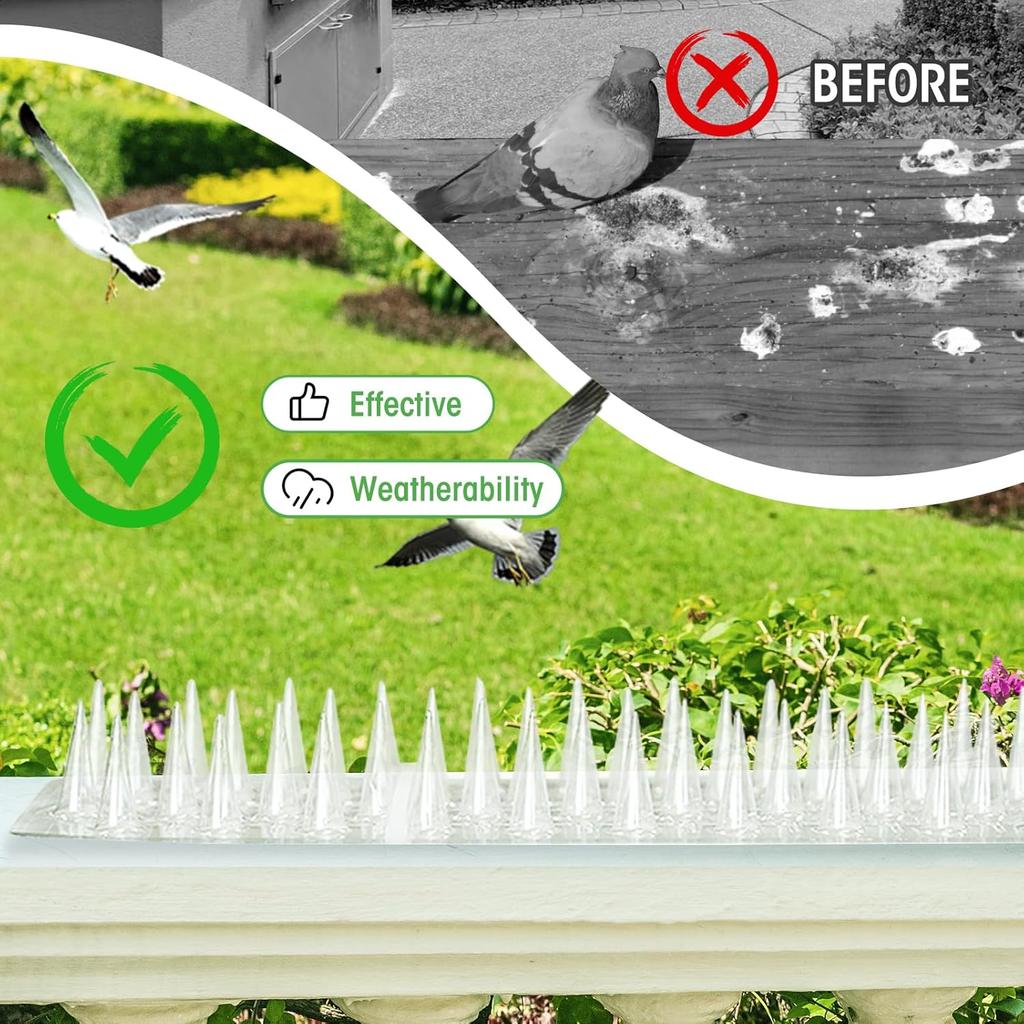 Upgraded 24 Pack Clear PVC Bird Spikes Strips Long Paired with Short Spikes Provide Narrow Gaps To Block Birds from Perching and Repel Birds Pigeon