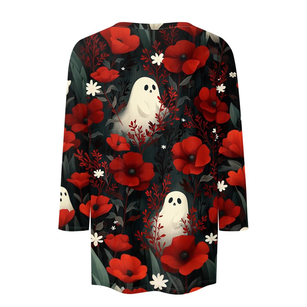 Women Halloween Print Casual Crew Neck Three Quarter Sleeve Loose Fit T Shirt Top for Autumn and Everyday Wear