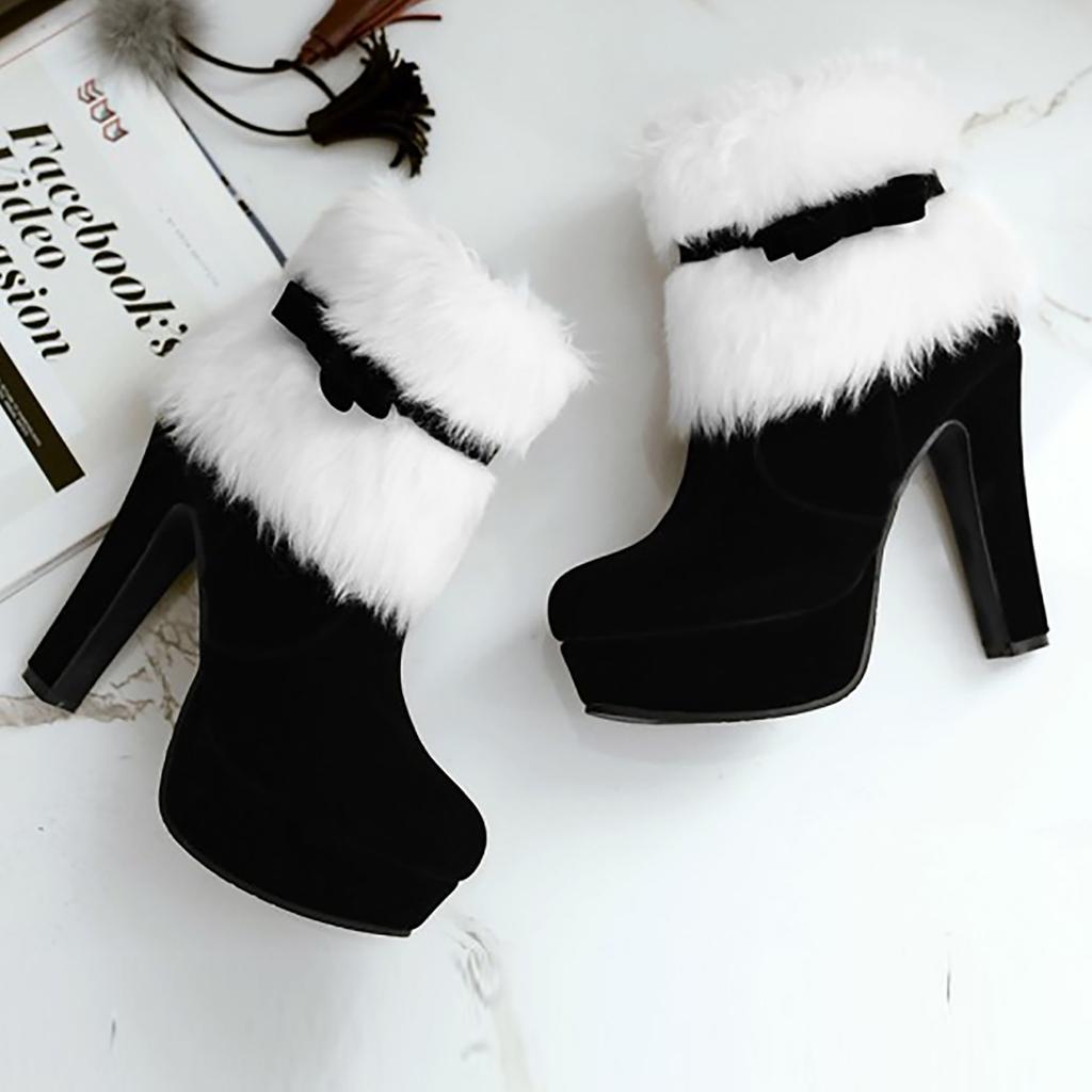 Christmas Winter Suede High Heels Thick Heel Side Zipper Ladies Short Boots