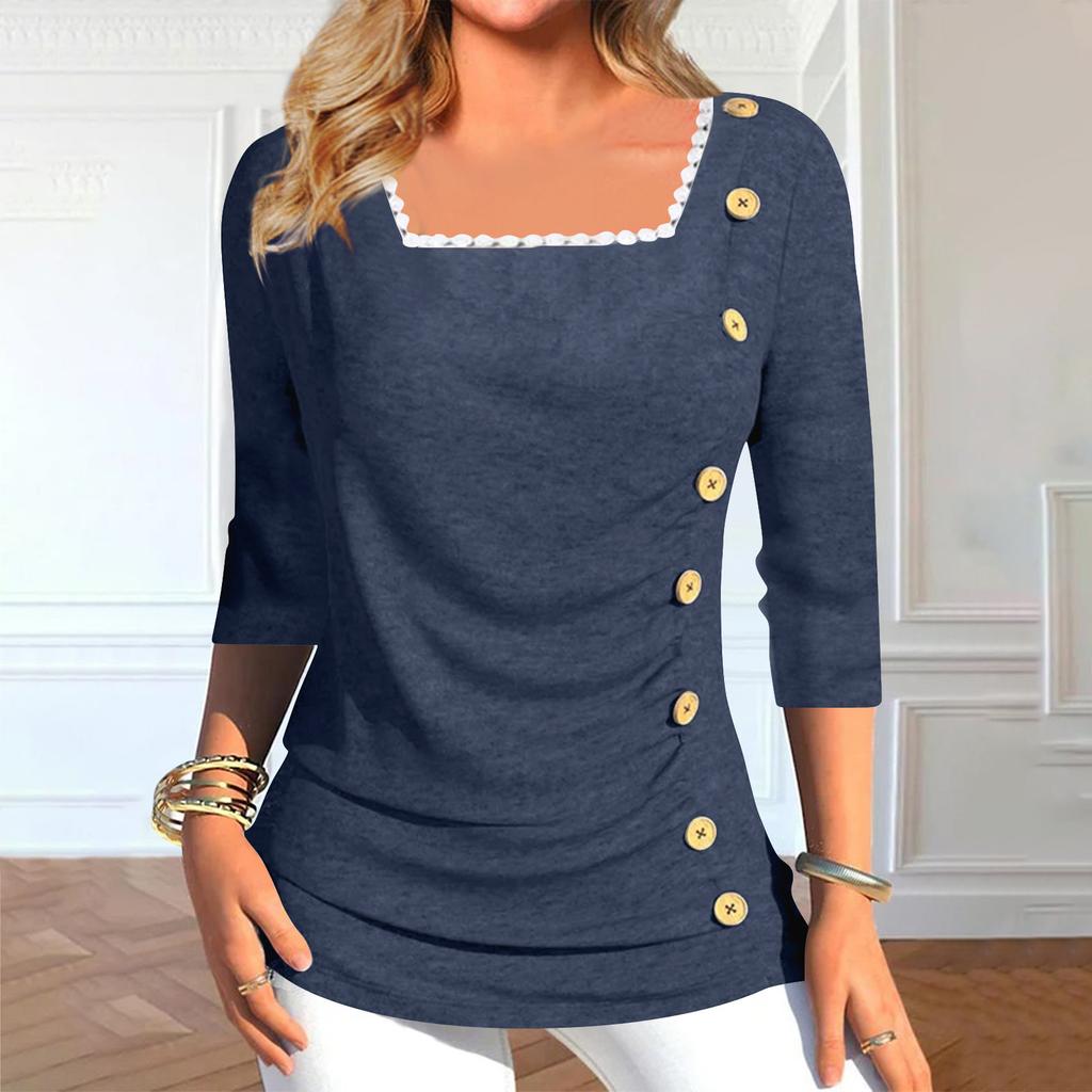 Women's 3/4 Sleeve Tops Summer Lace Trim Slim Casual Tops T-Shirt Square Neck Pullover Tops T-Shirts Summer Tops Three Quarter Sleeve Tops
