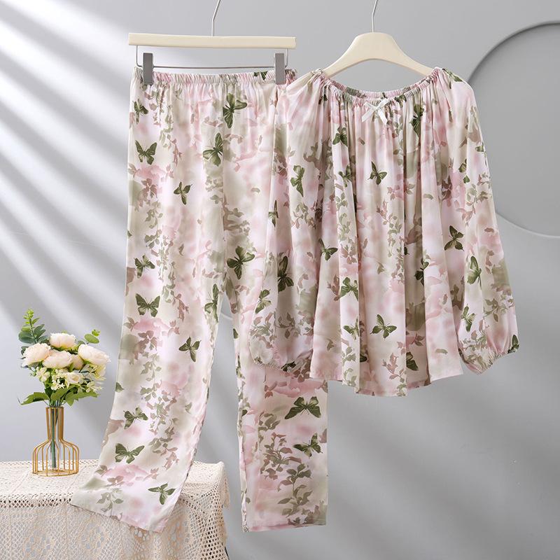 

Женский лиоцелловый пижамный комплект 2025: Длинный рукав, Длинные брюки, Круглый вырез, Повседневный стиль, Одежда для дома и улицы, Комплект из двух предметов. XL (60-70 kg)