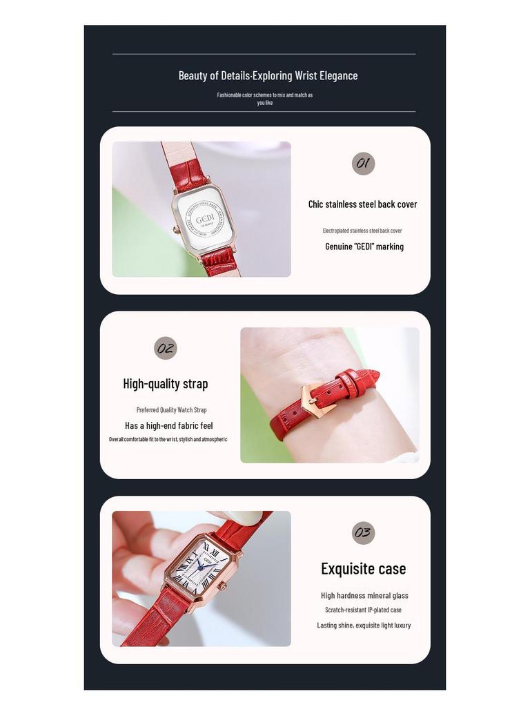 Gedi Retro Small Square Dial Ladies Waterproof Leather Strap Quartz Watch