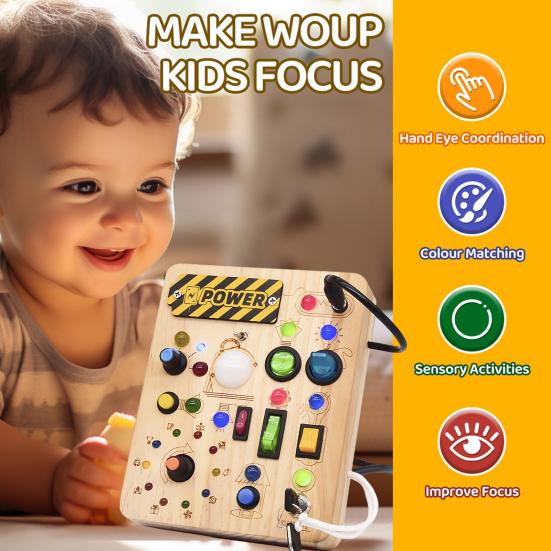LED Light Switch Busy Board Toddler Light-up Switch Control Wooden Board Fine Motor Skills Kids Educational Learning Activity Game Board Toy
