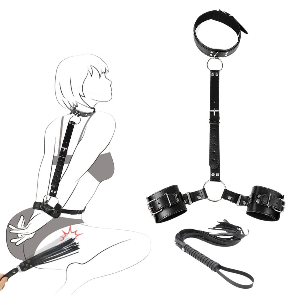 Handcuff Hand Restraint Sex Toy Bondage Gear Tassel Teaser Spank Neck Leash SM Toy Kits PU Neck Collar Back Handcuffs Whip