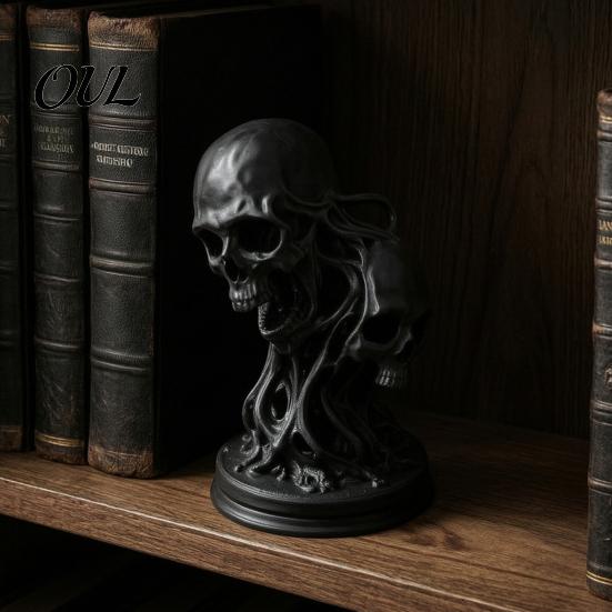 Spooky Bar Decor 3D Printed Double Skull Ornament, Resin Twisted Skeleton Figurine, Gothic Desktop Durable Halloween Table Decorations Statue for Home
