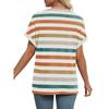 Women's Summer V Neck Striped T-shirt, Rolled Short Sleeve Loose Casual Color Block Stripe Daily Wear Blouse Tops
