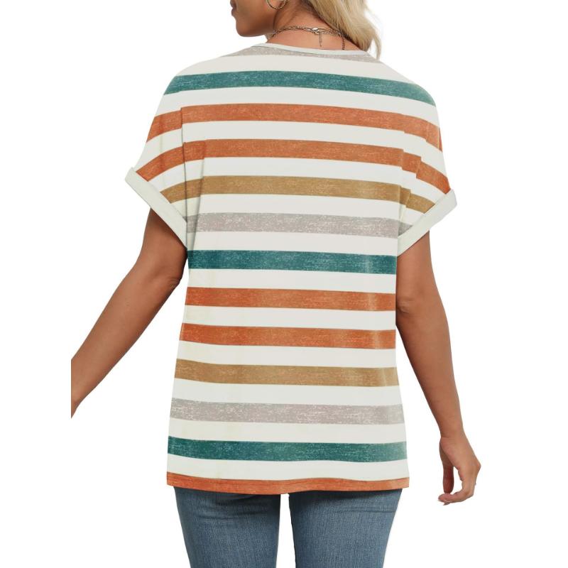 Women's Summer V Neck Striped T-shirt, Rolled Short Sleeve Loose Casual Color Block Stripe Daily Wear Blouse Tops