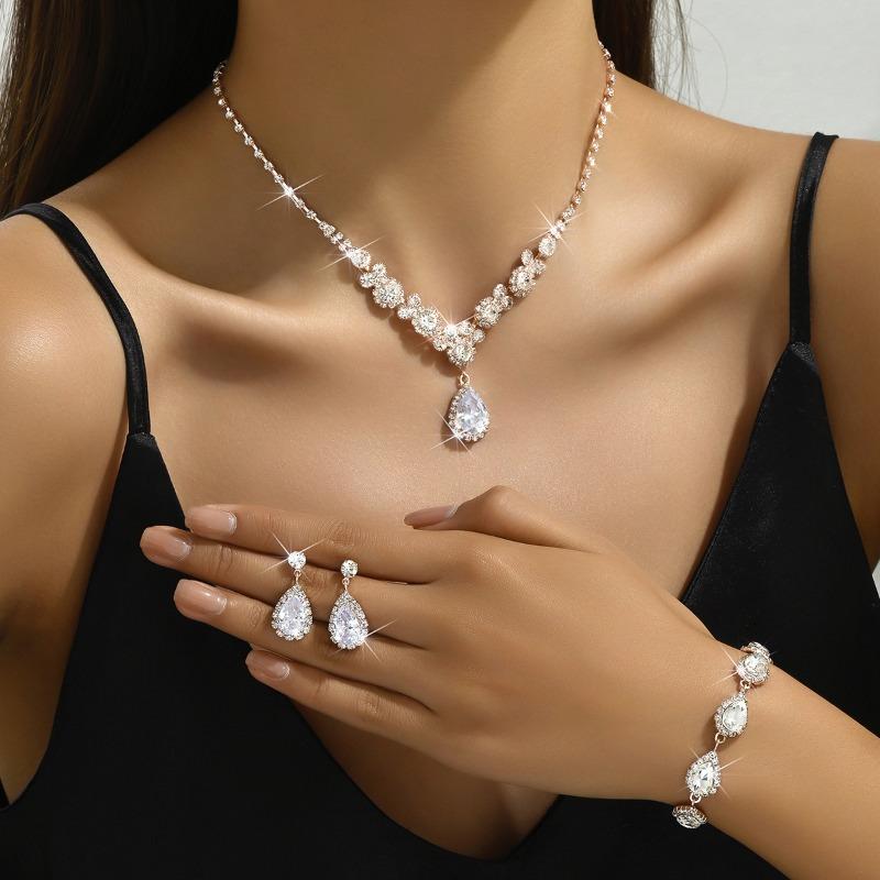 Zircon Necklace, Earrings, Bracelet Jewelry Set - Drop-shaped Women s Fashionable Bridal Accessories Rose gold