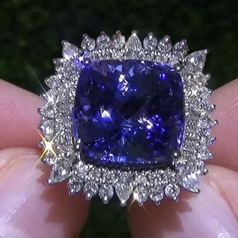 2026 New Blue Cube Zircon Attends Banquet Ring Fashionable, Elegant, High End Women's Bridal Luxury Inlaid Jewelry Accessories