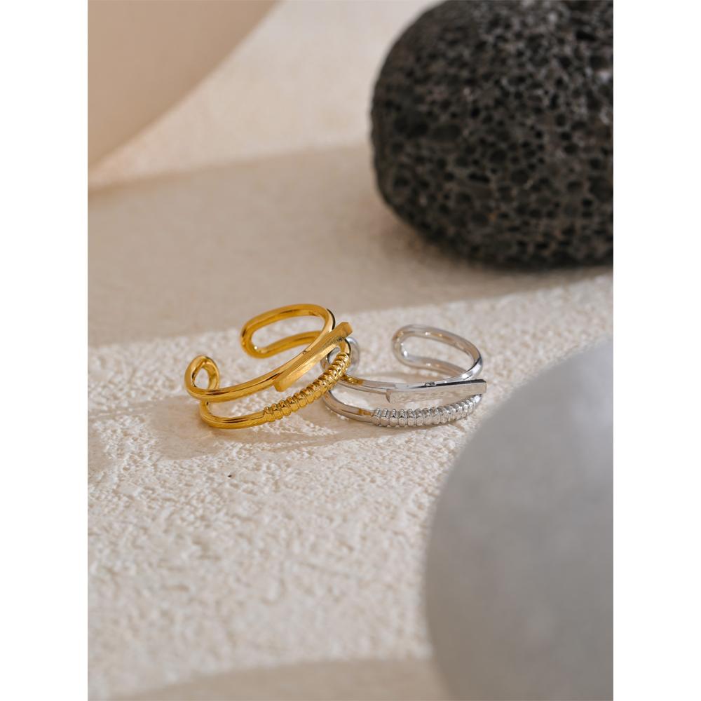 Yhpup Stylish Unique Stainless Steel Double Layer Geometric Open Ring Fashion Jewelry