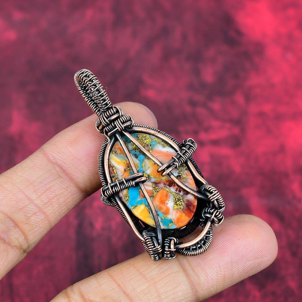 Spiny Oyster Copper Turquoise Pendant Copper Wire Wrapped Gemstone Pendant Handmade Birthstone Pendant Copper Wire Jewelry Gifts for Friend