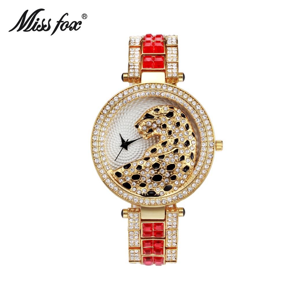MISSFOX Women Quartz Watch Fashion Bling Casual Ladies Watch Female Quartz Gold Watch Crystal Diamond Leopard For Women Clock